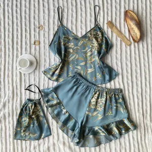 Lady Glams 3 Pcs Summer Women Dress Silk Pajamas - Fashion Print Suspenders and Shorts with Hanging Bag Home Wear Set