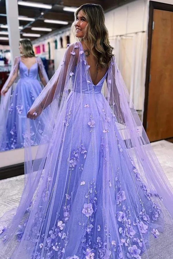 Lavender Satin A-line V-neck Prom Dresses With 3D Flowers, Party Dress, SP980