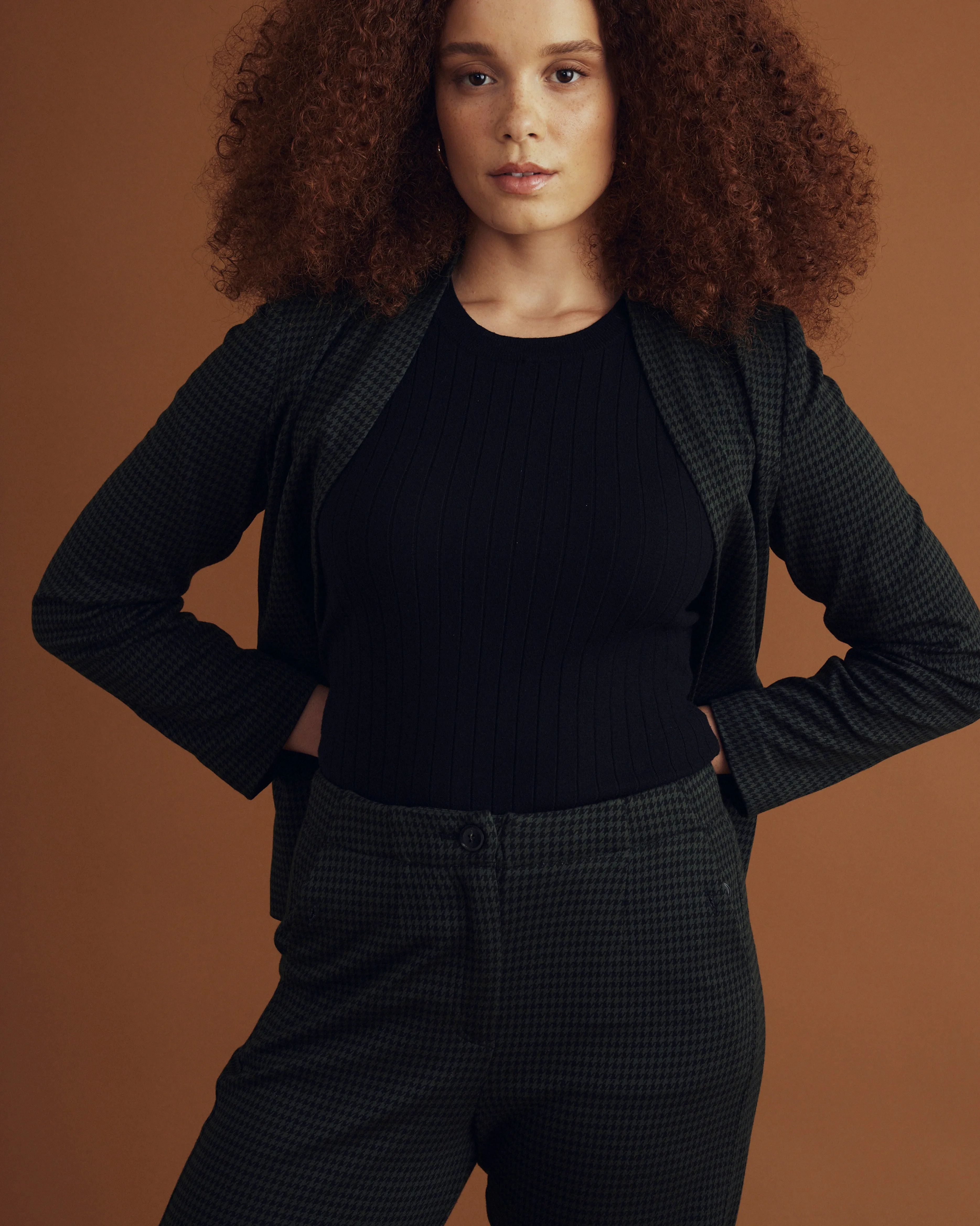 Lennox Collarless Ponte Blazer - Forest Houndstooth