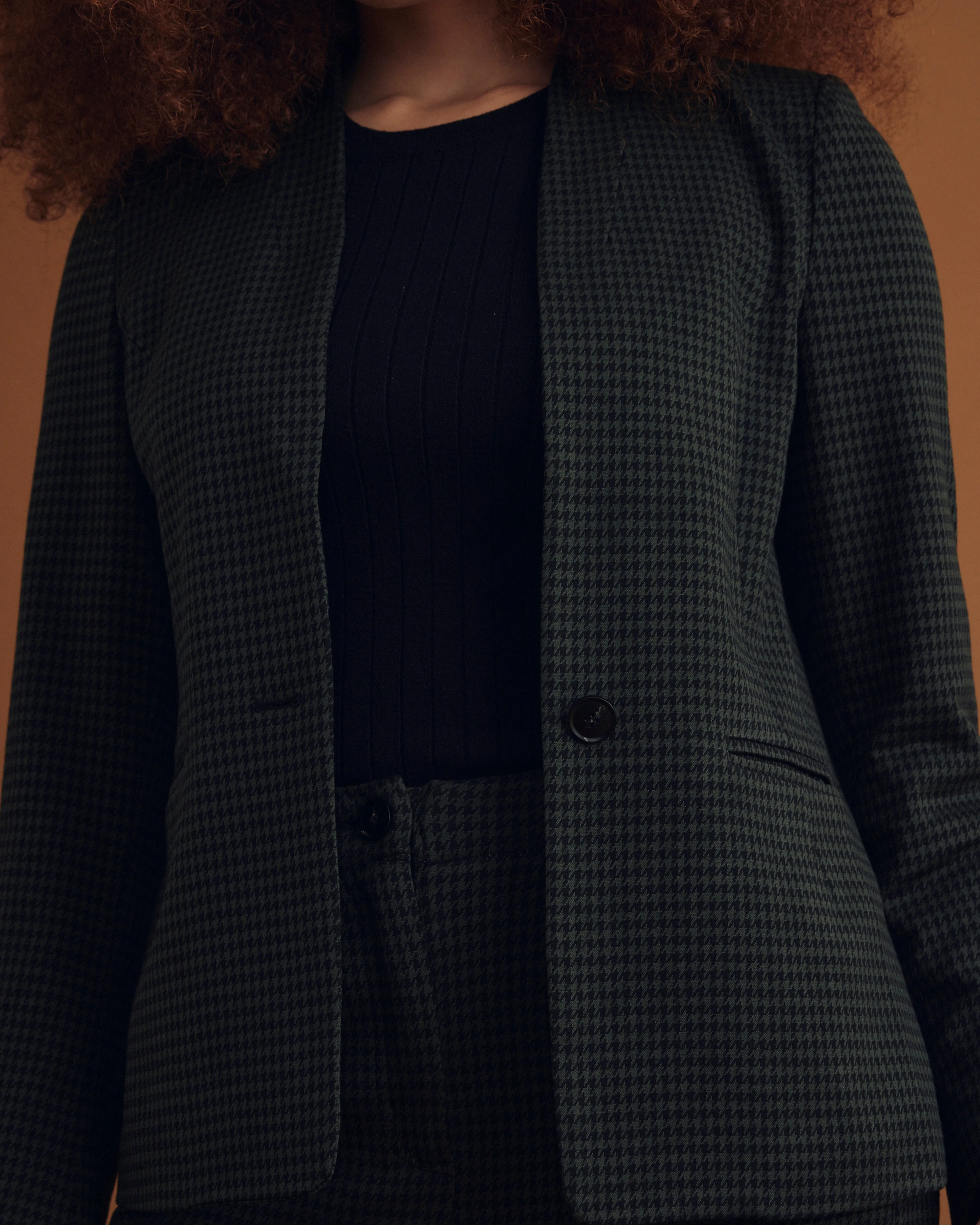 Lennox Collarless Ponte Blazer - Forest Houndstooth