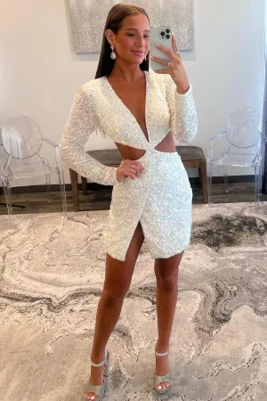 Luolandi Sexy Bodycon Sequin Long Sleeve Short Cocktail Dress Homecoming Dresses Sparkly
