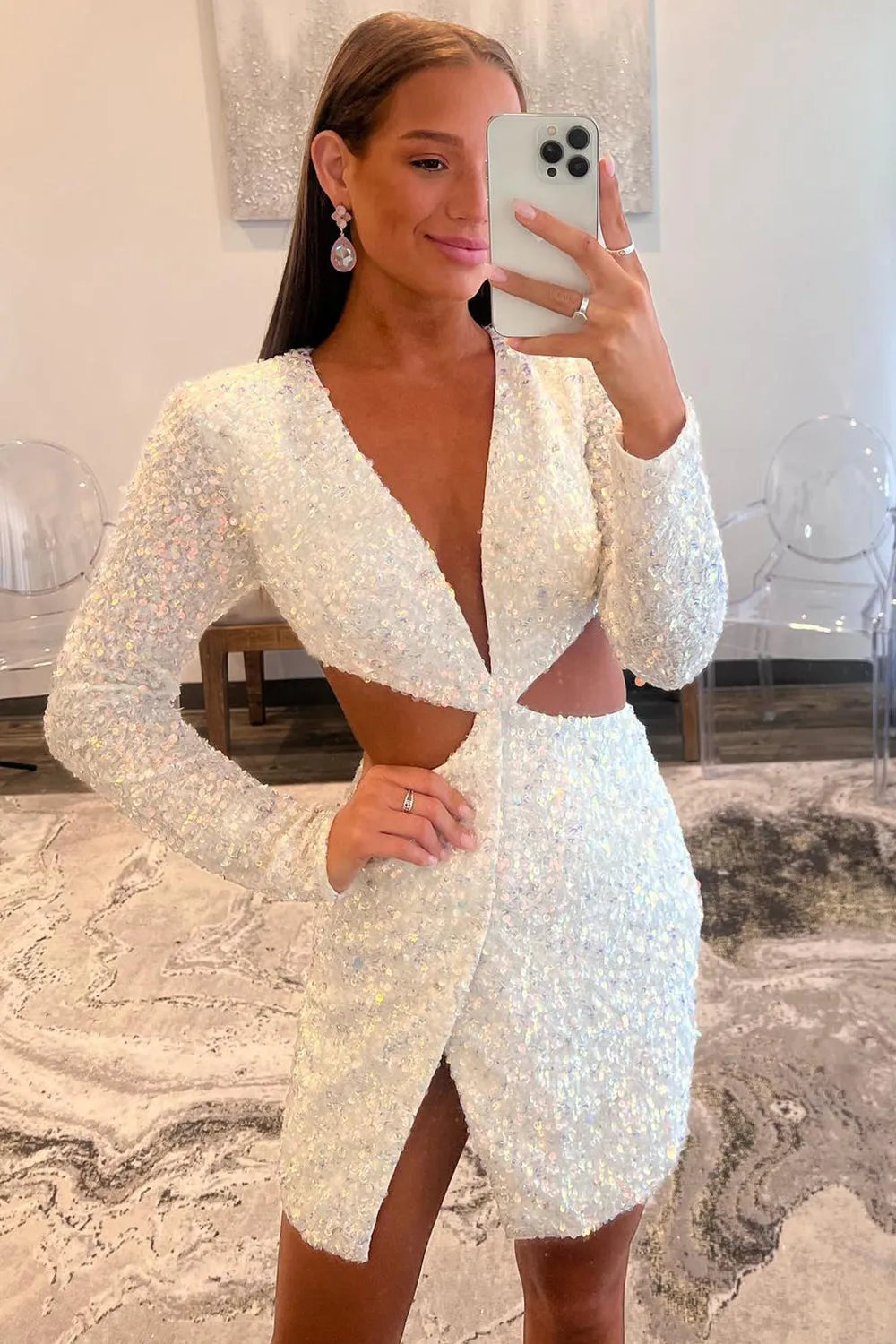 Luolandi Sexy Bodycon Sequin Long Sleeve Short Cocktail Dress Homecoming Dresses Sparkly