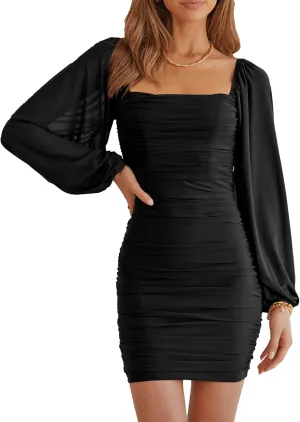 MASCOMODA Women Elegant Square Neck Lantern Long Sleeve Mini Ruched Bodycon Dress Stretch Mesh Slim Party Cocktail Dresses
