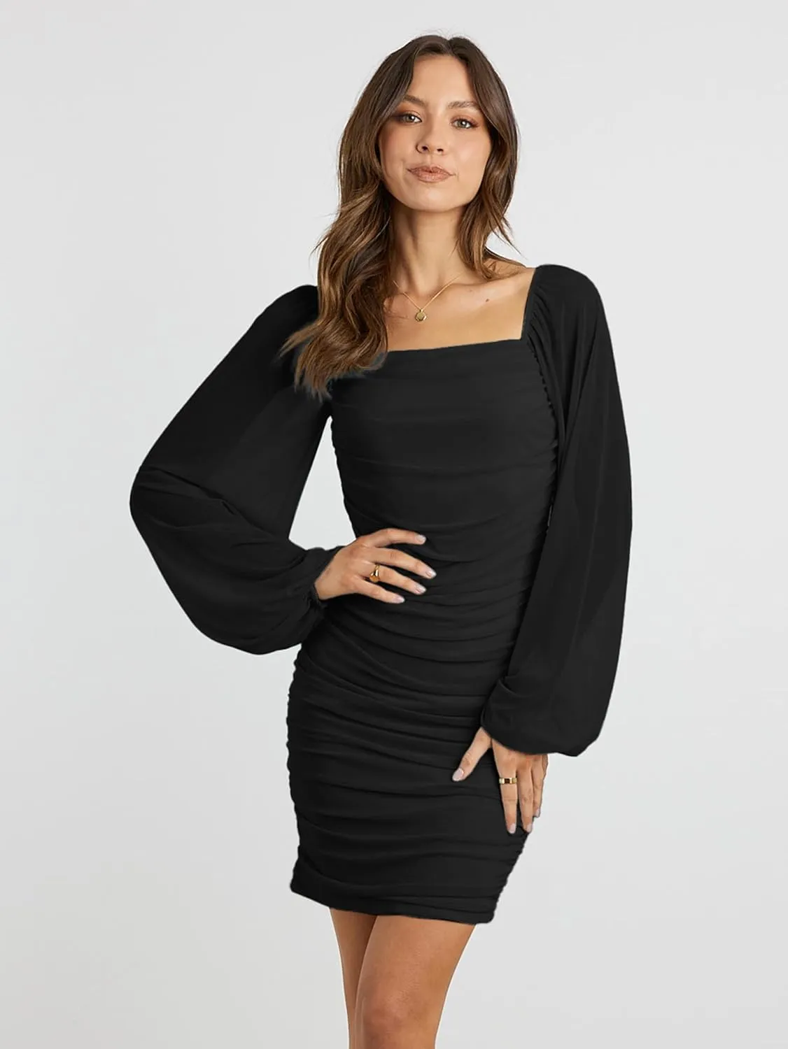 MASCOMODA Women Elegant Square Neck Lantern Long Sleeve Mini Ruched Bodycon Dress Stretch Mesh Slim Party Cocktail Dresses