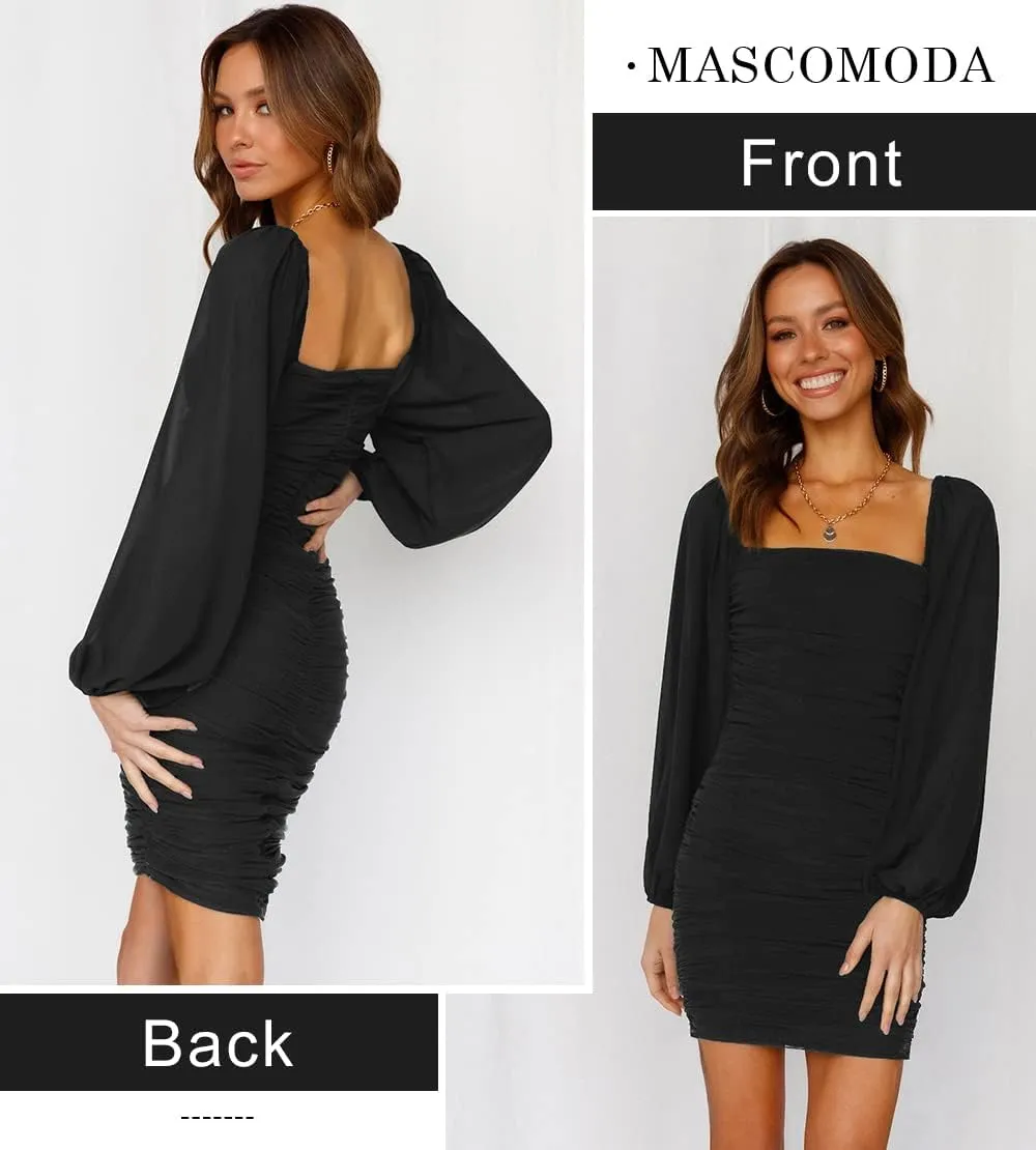 MASCOMODA Women Elegant Square Neck Lantern Long Sleeve Mini Ruched Bodycon Dress Stretch Mesh Slim Party Cocktail Dresses
