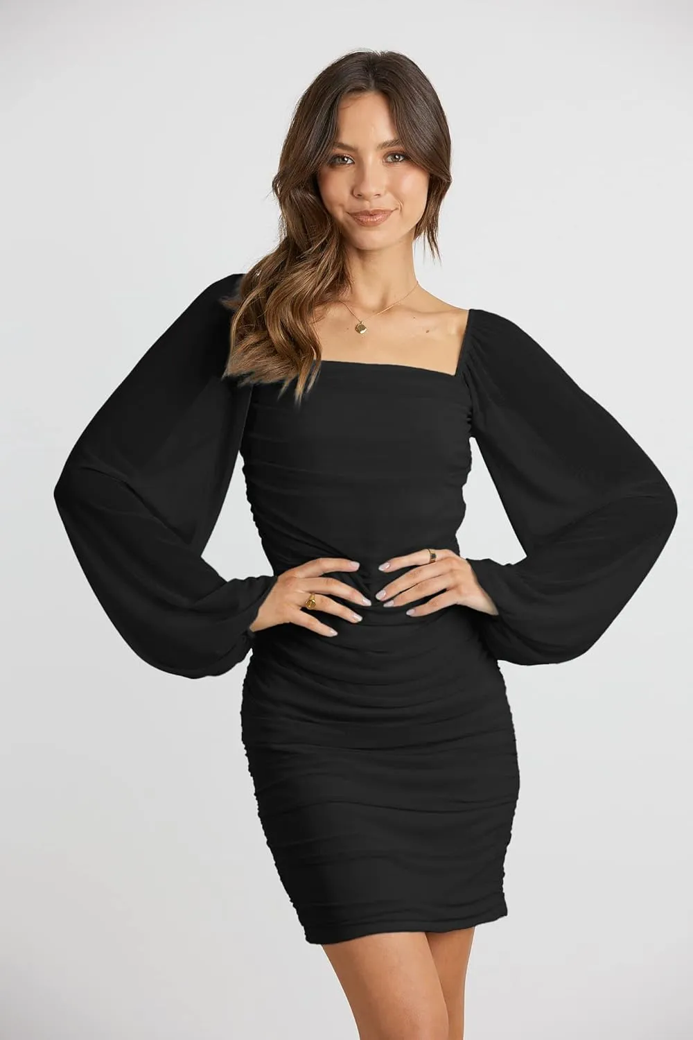 MASCOMODA Women Elegant Square Neck Lantern Long Sleeve Mini Ruched Bodycon Dress Stretch Mesh Slim Party Cocktail Dresses