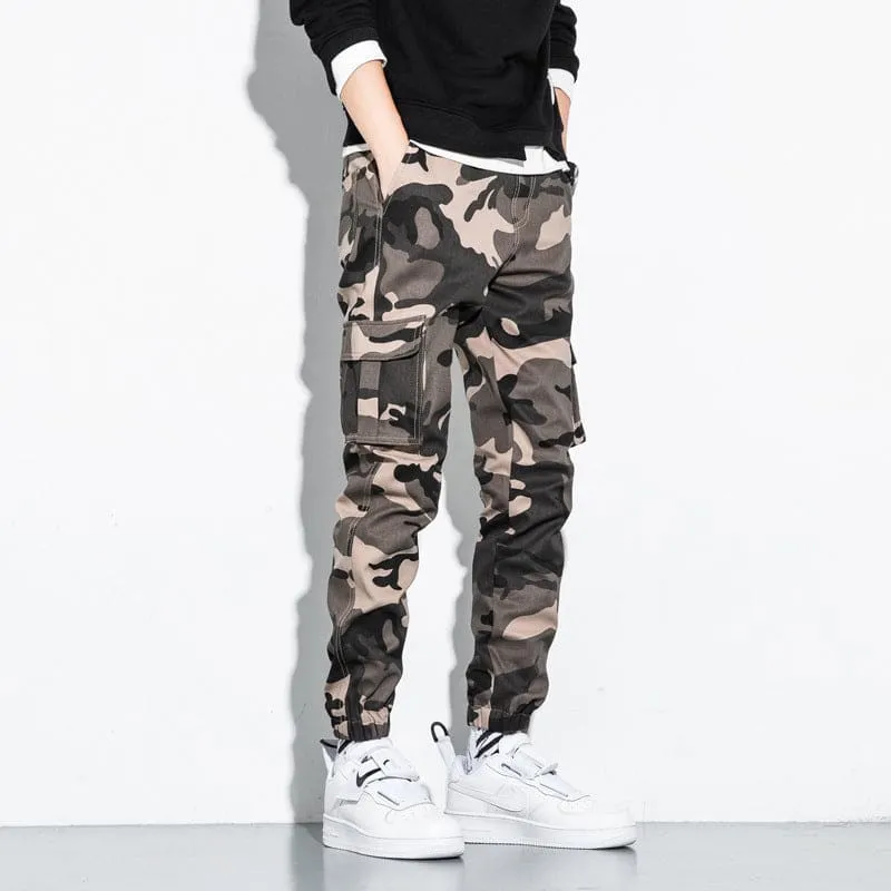 Men Camo Print Drawstring Multi-Pocket Cargo Sports Pants