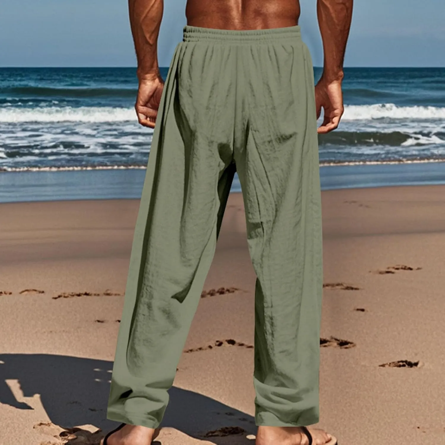 Men's Cotton Linen Pants Summer Elastic Waist Drawstring Trouser with Pockets Casual Solid Color Loose Button Pant