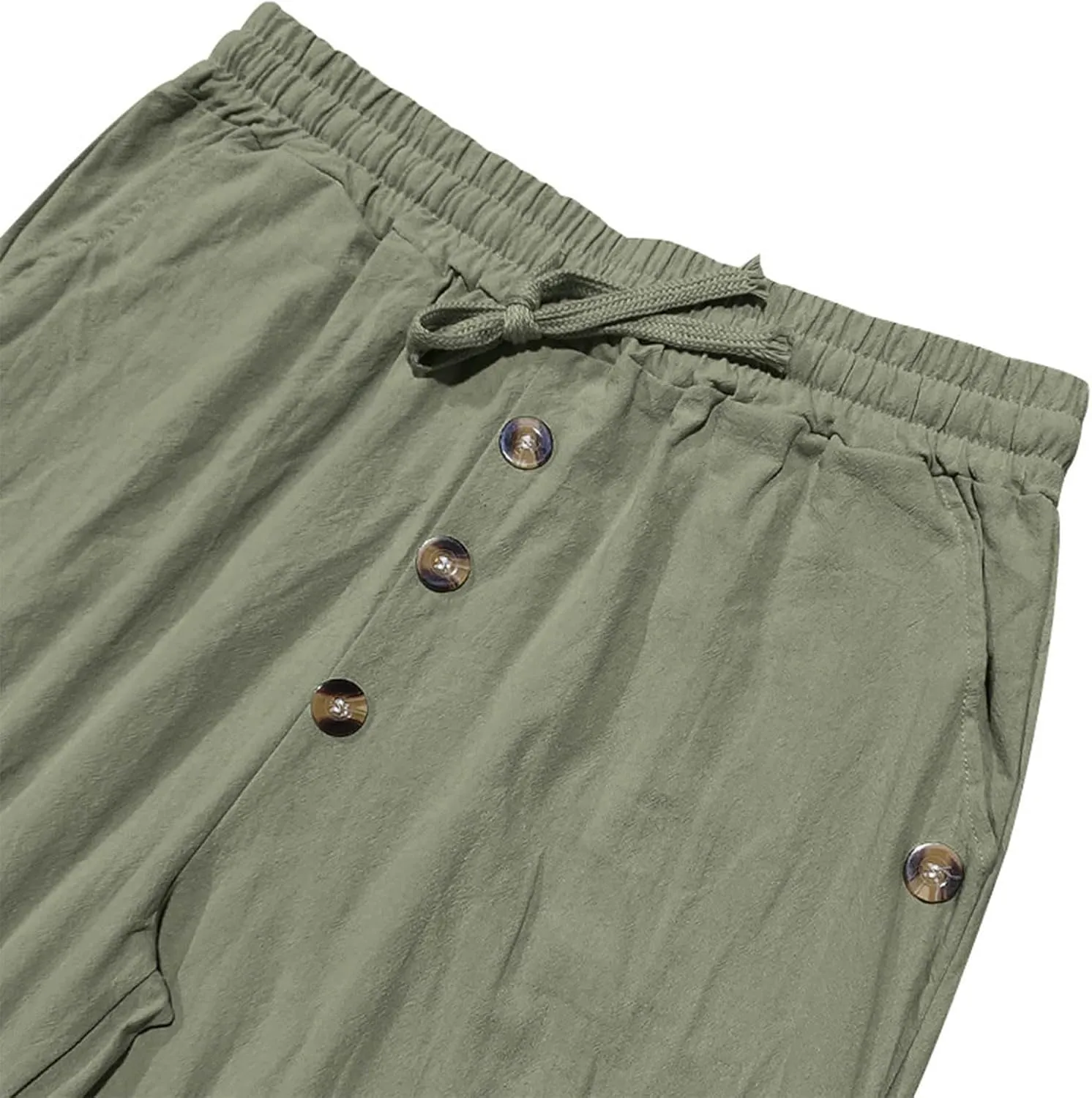 Men's Cotton Linen Pants Summer Elastic Waist Drawstring Trouser with Pockets Casual Solid Color Loose Button Pant