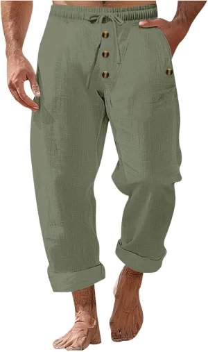 Men's Cotton Linen Pants Summer Elastic Waist Drawstring Trouser with Pockets Casual Solid Color Loose Button Pant