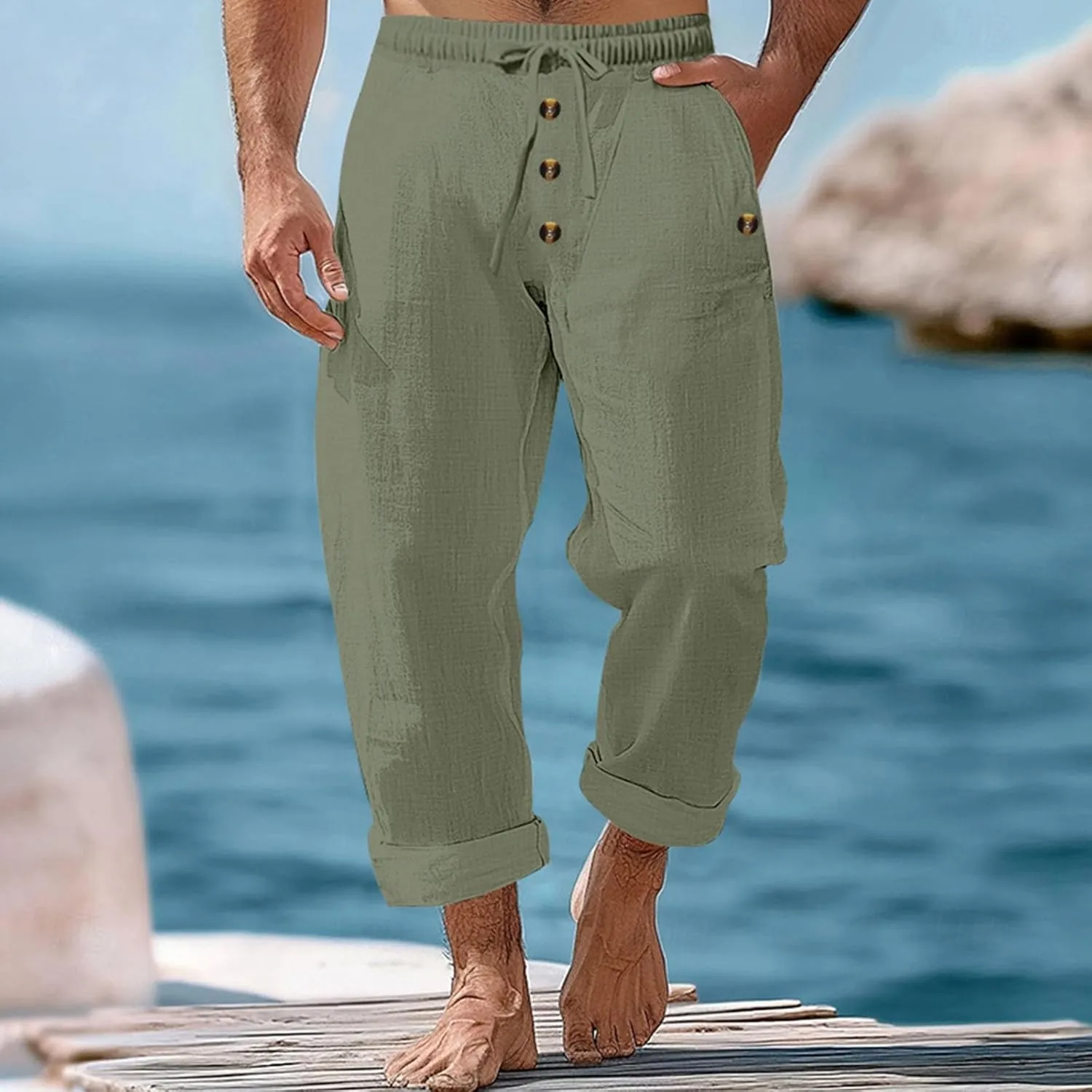 Men's Cotton Linen Pants Summer Elastic Waist Drawstring Trouser with Pockets Casual Solid Color Loose Button Pant