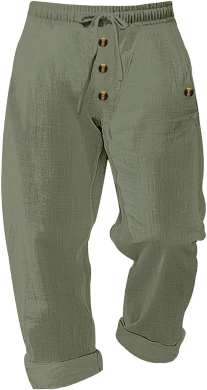 Men's Cotton Linen Pants Summer Elastic Waist Drawstring Trouser with Pockets Casual Solid Color Loose Button Pant