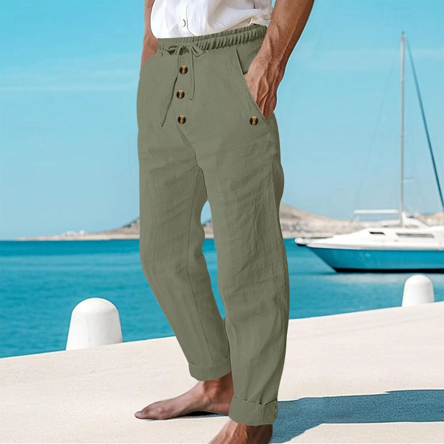 Men's Cotton Linen Pants Summer Elastic Waist Drawstring Trouser with Pockets Casual Solid Color Loose Button Pant