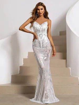 Missord Contrast Mesh Floor Length White Sequins Prom Dress XJ444