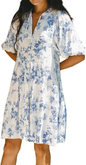 MOLERFO Women Striped Y2k Mini Shirt Dress Summer Ruffle Puff Short Sleeve Floral Print Flowy Casual Babydoll Dresses