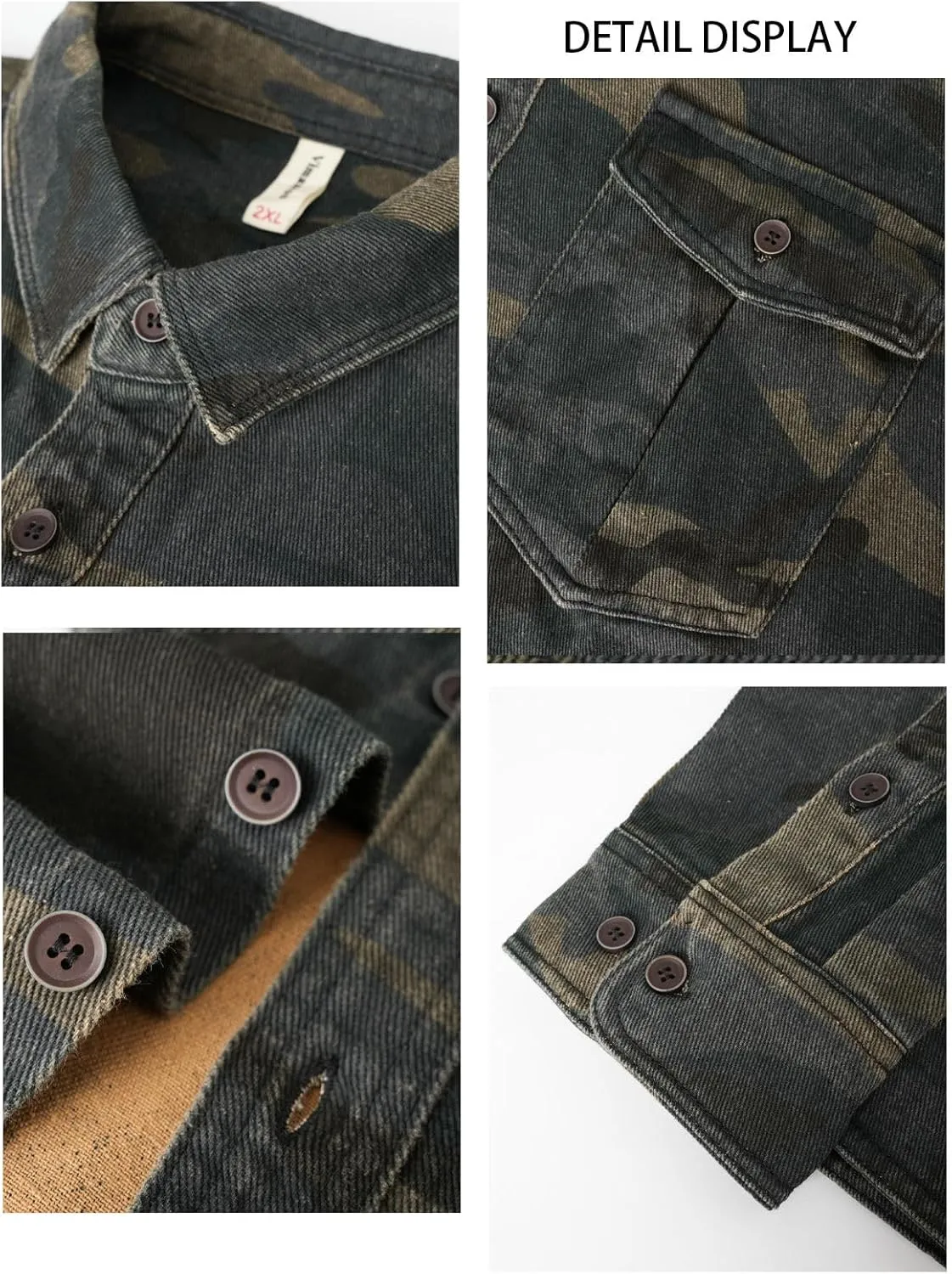 PAODIKUAI Men Camouflage Denim Shirt Camo Washed Military Long Sleeve Shirts Casual Button Down Shirts
