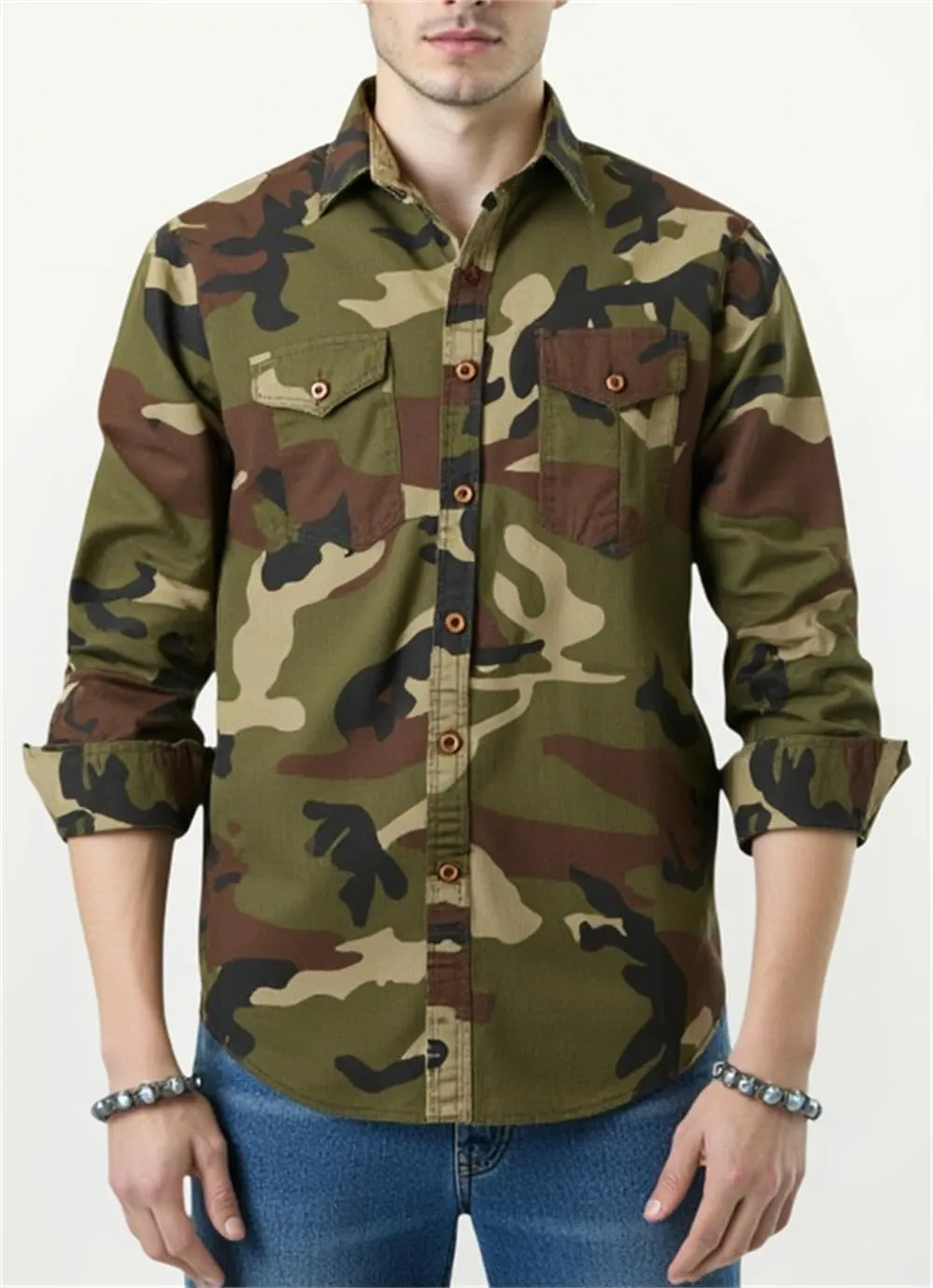 PAODIKUAI Men Camouflage Denim Shirt Camo Washed Military Long Sleeve Shirts Casual Button Down Shirts