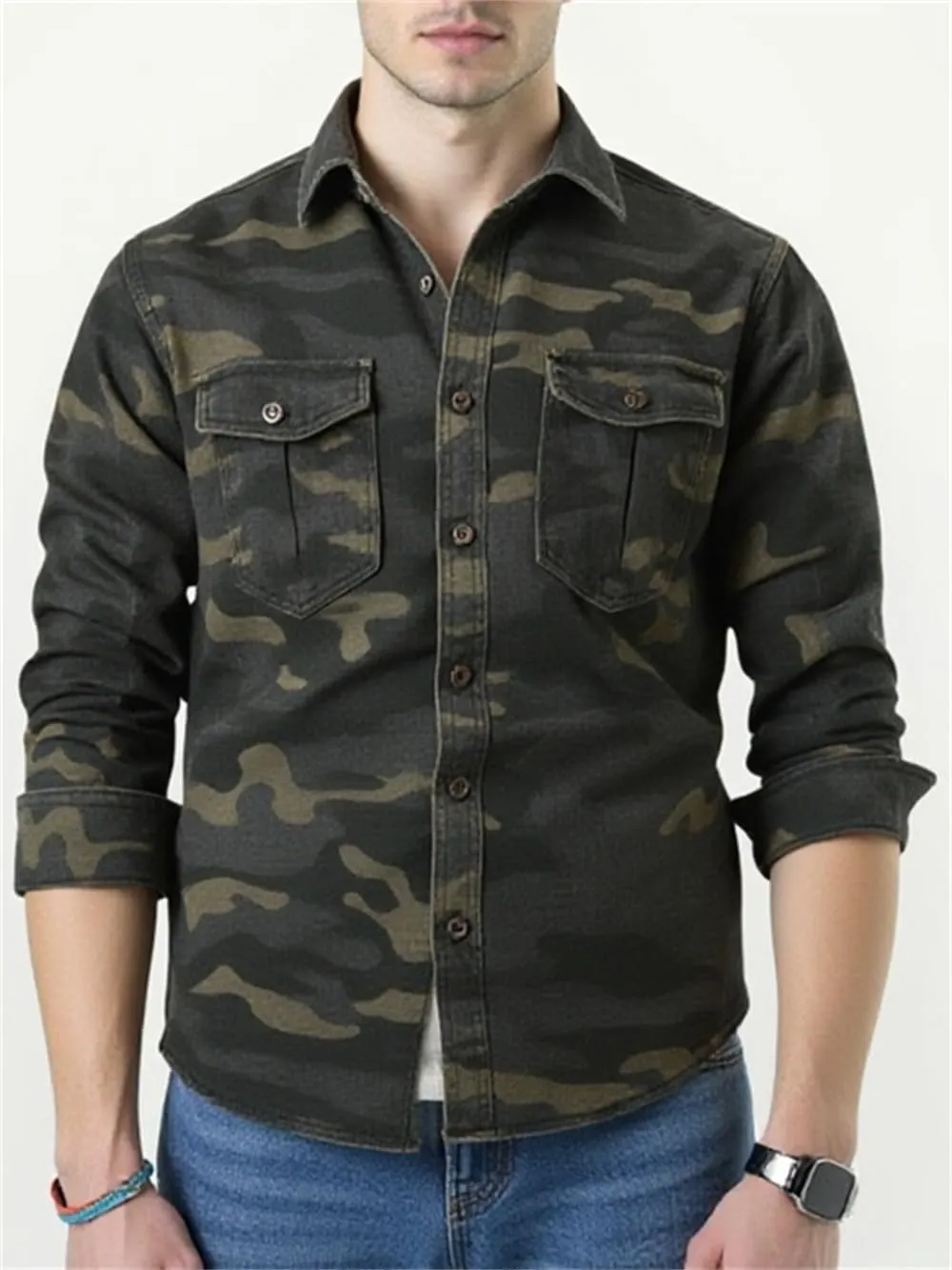 PAODIKUAI Men Camouflage Denim Shirt Camo Washed Military Long Sleeve Shirts Casual Button Down Shirts