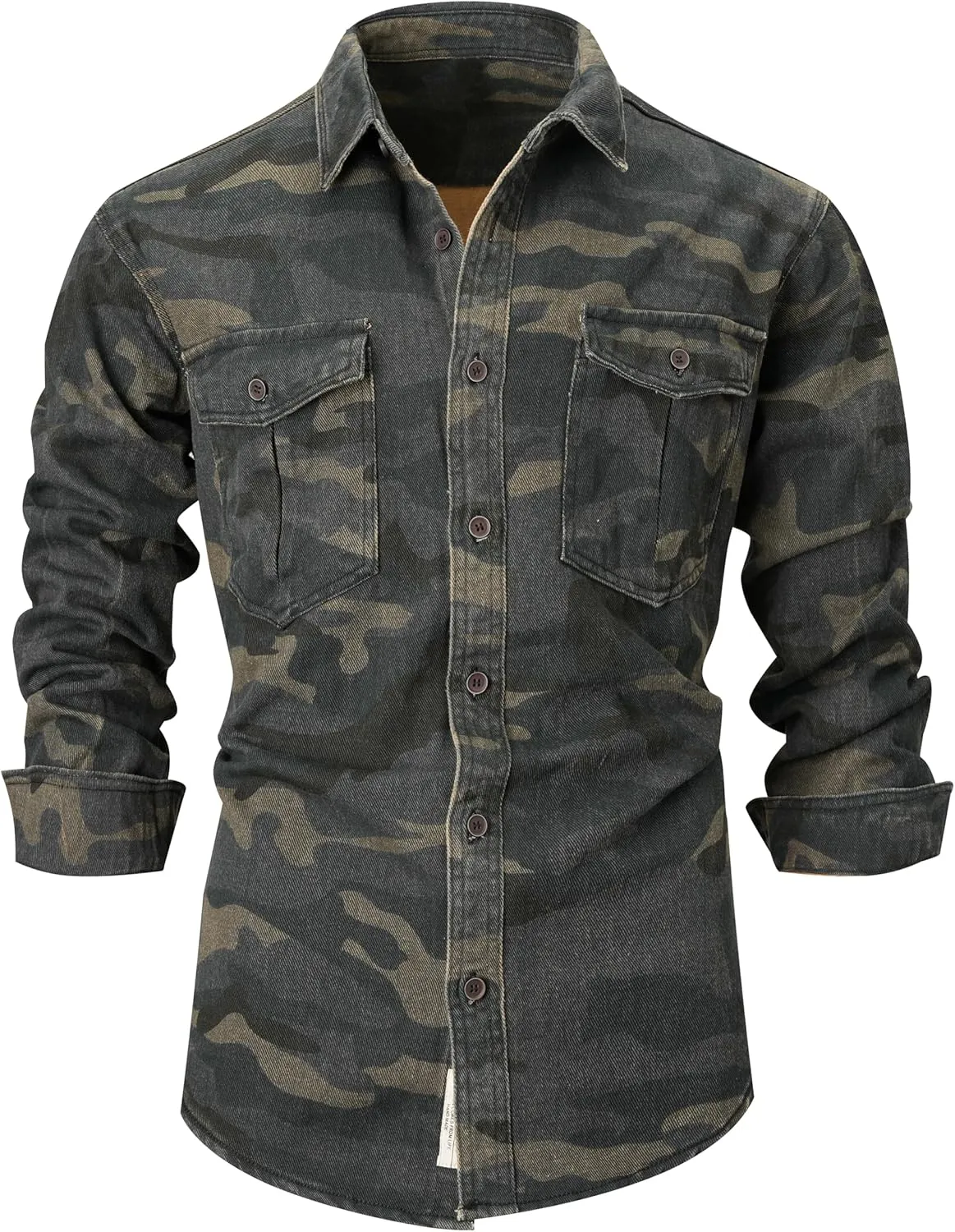 PAODIKUAI Men Camouflage Denim Shirt Camo Washed Military Long Sleeve Shirts Casual Button Down Shirts