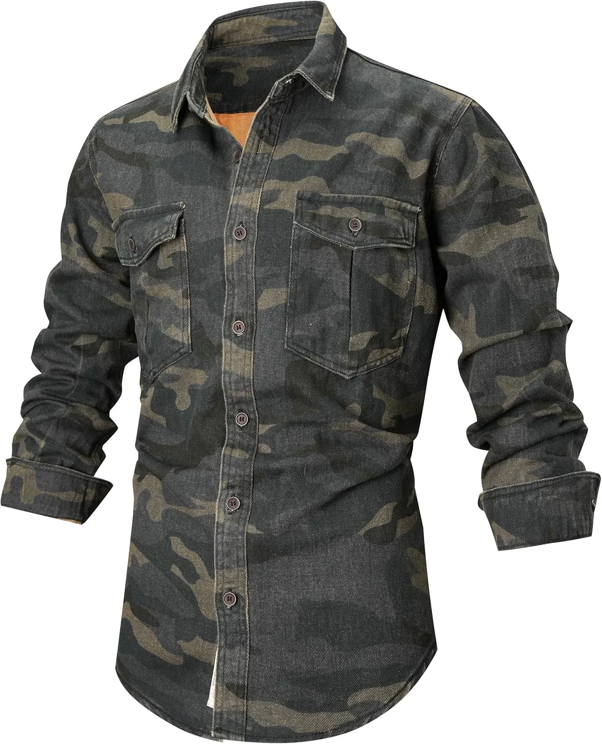 PAODIKUAI Men Camouflage Denim Shirt Camo Washed Military Long Sleeve Shirts Casual Button Down Shirts