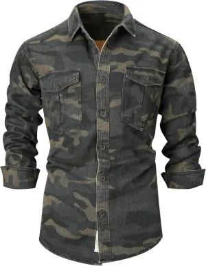 PAODIKUAI Men Camouflage Denim Shirt Camo Washed Military Long Sleeve Shirts Casual Button Down Shirts