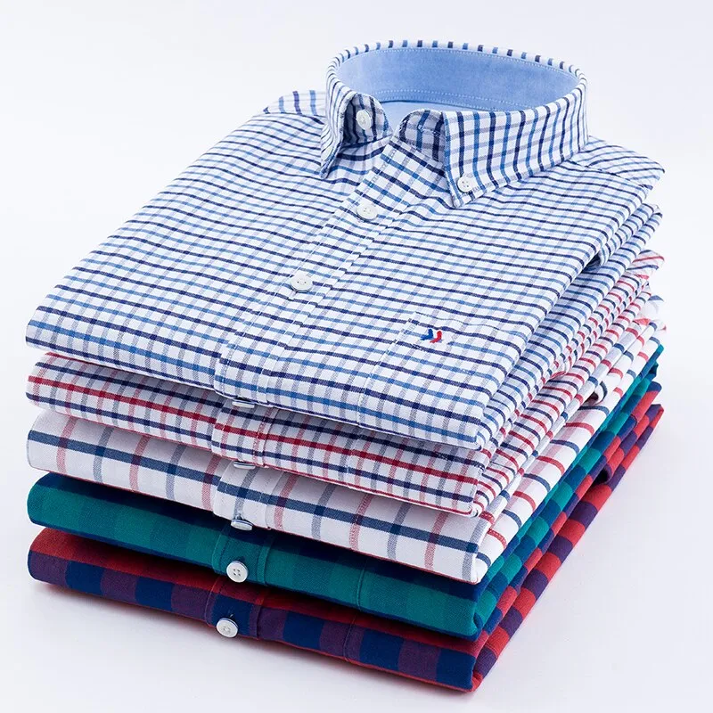 Plaid Long Sleeve Casual Thick density Cotton Oxford Shirt