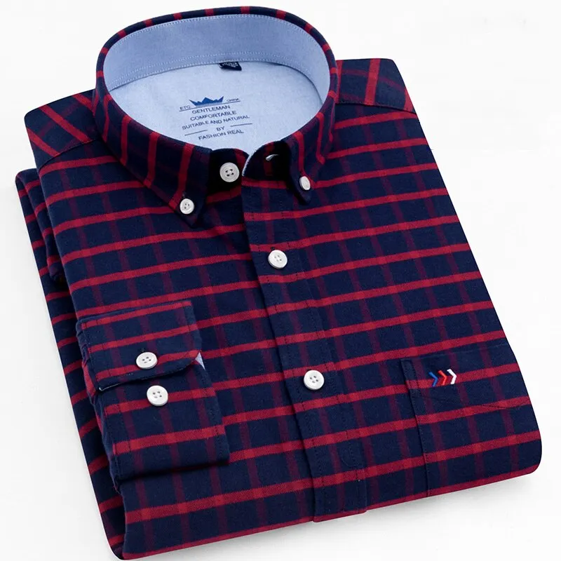 Plaid Long Sleeve Casual Thick density Cotton Oxford Shirt