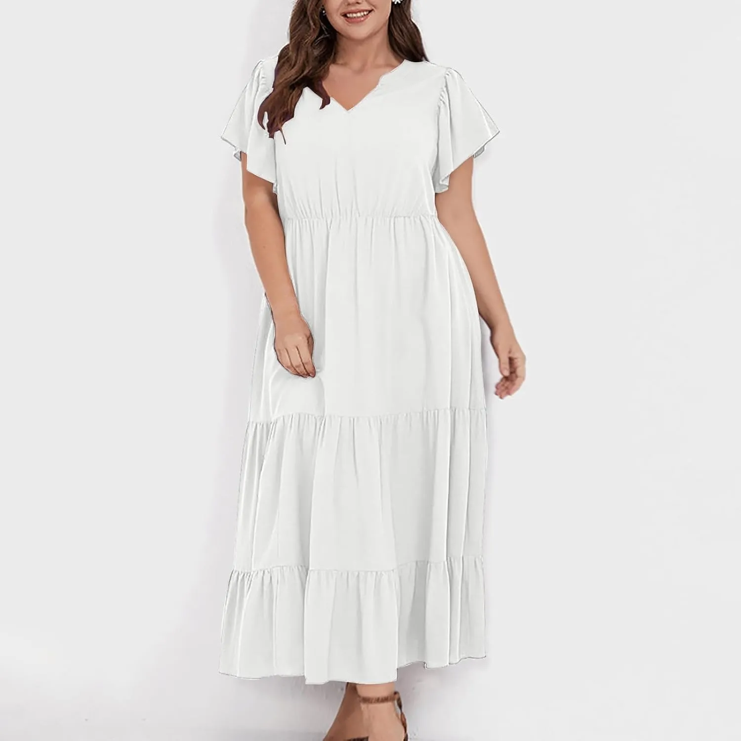 Plus Size Dresses for Women Summer V Neck Ruffle Short Sleeve Maxi Dress Summer Tummy Control Pleated Hem Sundress