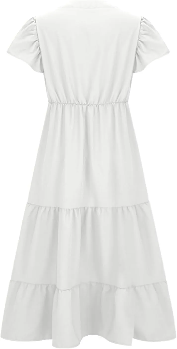 Plus Size Dresses for Women Summer V Neck Ruffle Short Sleeve Maxi Dress Summer Tummy Control Pleated Hem Sundress