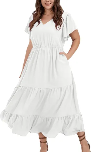 Plus Size Dresses for Women Summer V Neck Ruffle Short Sleeve Maxi Dress Summer Tummy Control Pleated Hem Sundress
