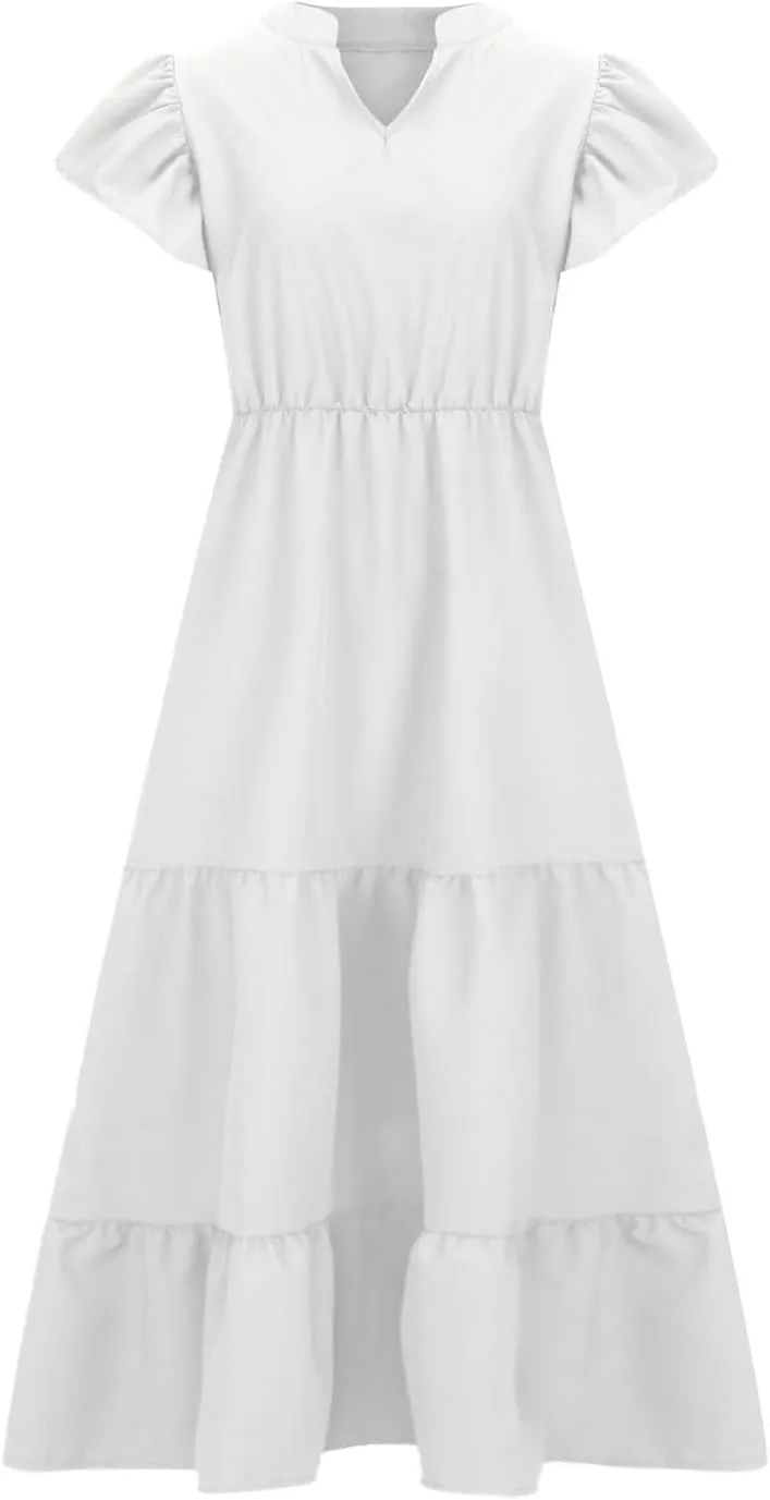 Plus Size Dresses for Women Summer V Neck Ruffle Short Sleeve Maxi Dress Summer Tummy Control Pleated Hem Sundress