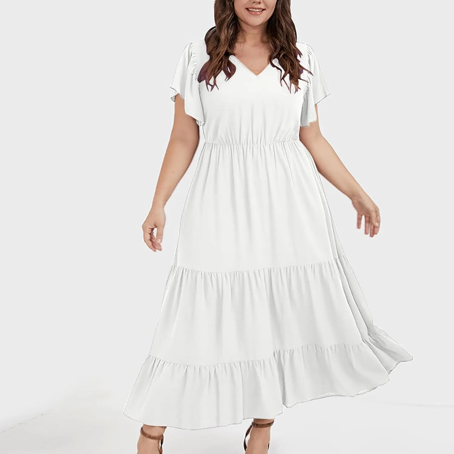 Plus Size Dresses for Women Summer V Neck Ruffle Short Sleeve Maxi Dress Summer Tummy Control Pleated Hem Sundress