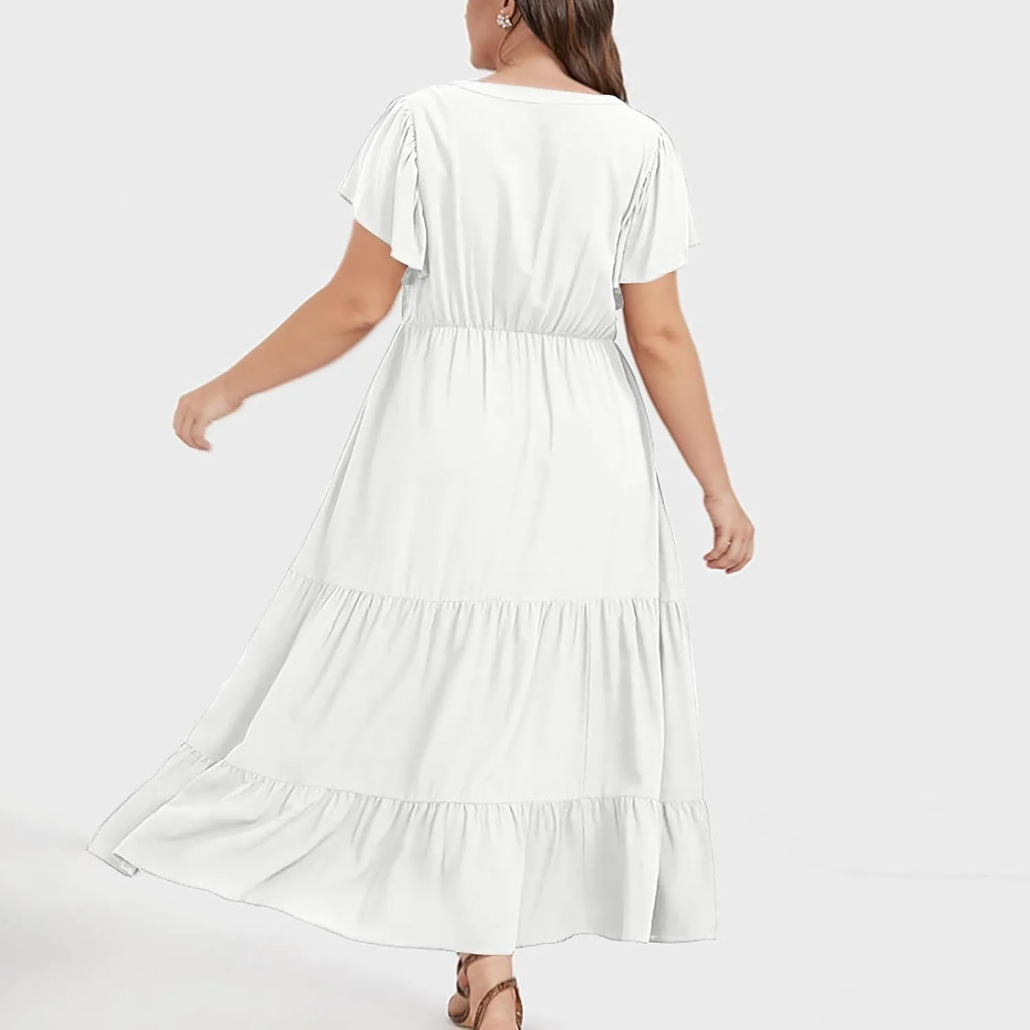 Plus Size Dresses for Women Summer V Neck Ruffle Short Sleeve Maxi Dress Summer Tummy Control Pleated Hem Sundress
