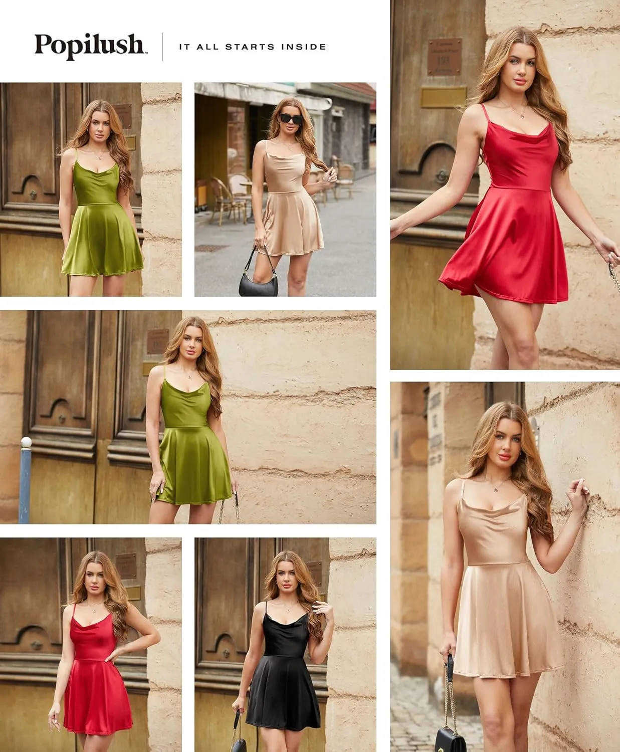Popilush Cocktail Dresses for Women - Shapewear Tummy Control Bodycon with Spaghetti Strap A-Line Mini Party Dress