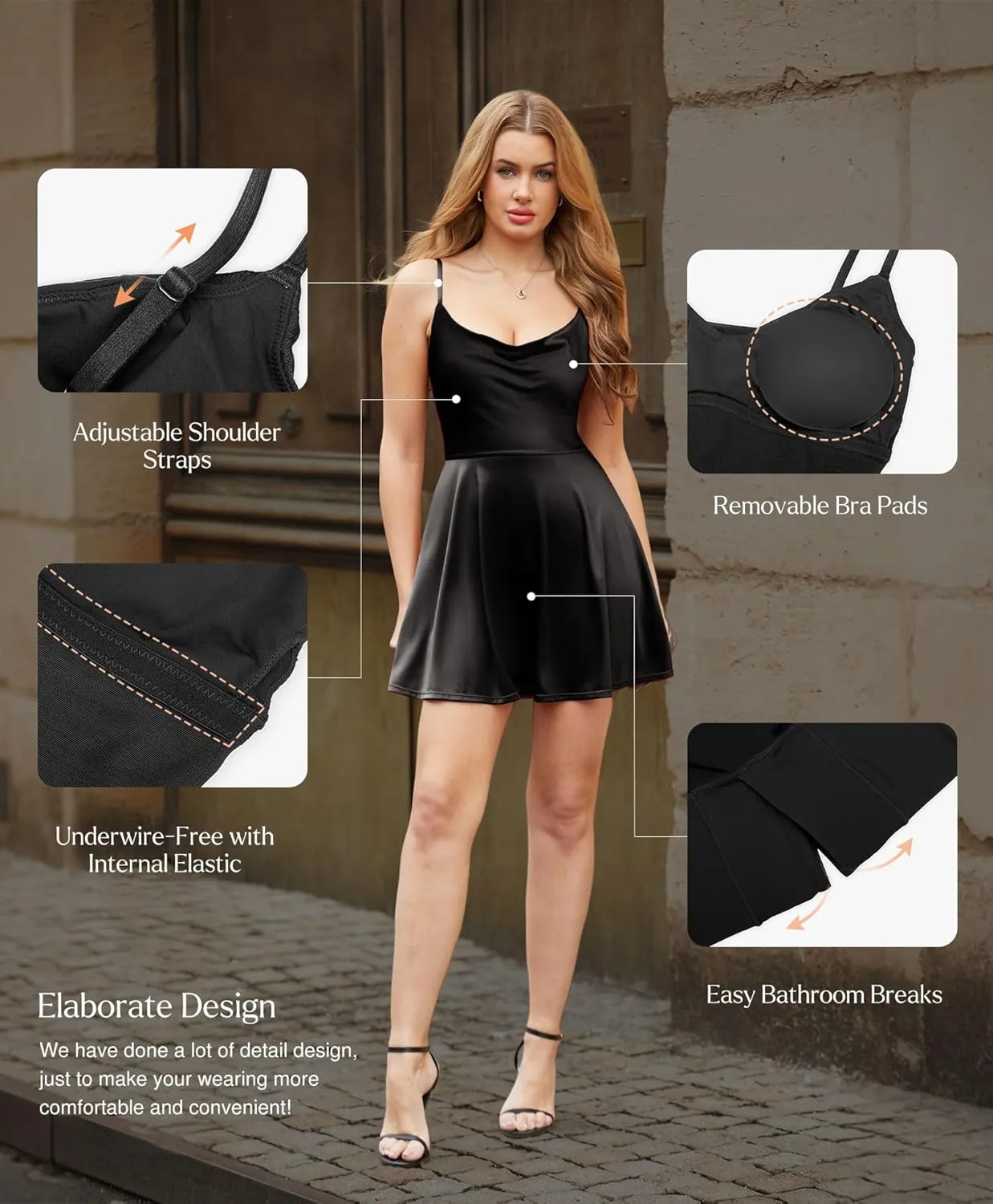 Popilush Cocktail Dresses for Women - Shapewear Tummy Control Bodycon with Spaghetti Strap A-Line Mini Party Dress