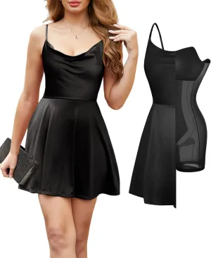 Popilush Cocktail Dresses for Women - Shapewear Tummy Control Bodycon with Spaghetti Strap A-Line Mini Party Dress