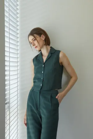 Relaxed Linen Notched Collar Top - Forest