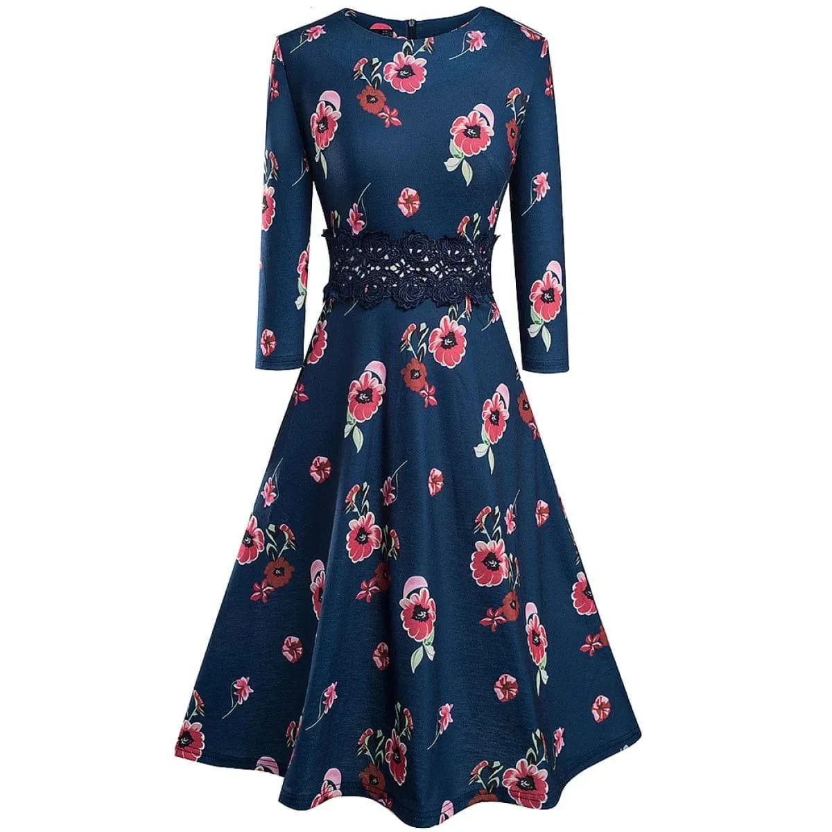 Round Neck Three-Quarter Sleeves Lace Stitching A-Line Mini Dress