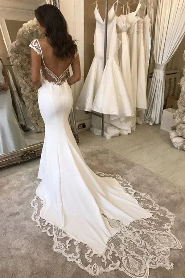Satin Mermaid Cap Sleeves Backless V-neck Wedding Dresses With Appliques, SW530