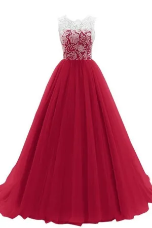 Scoop A Line Prom Dresses Tulle & Lace Floor Length