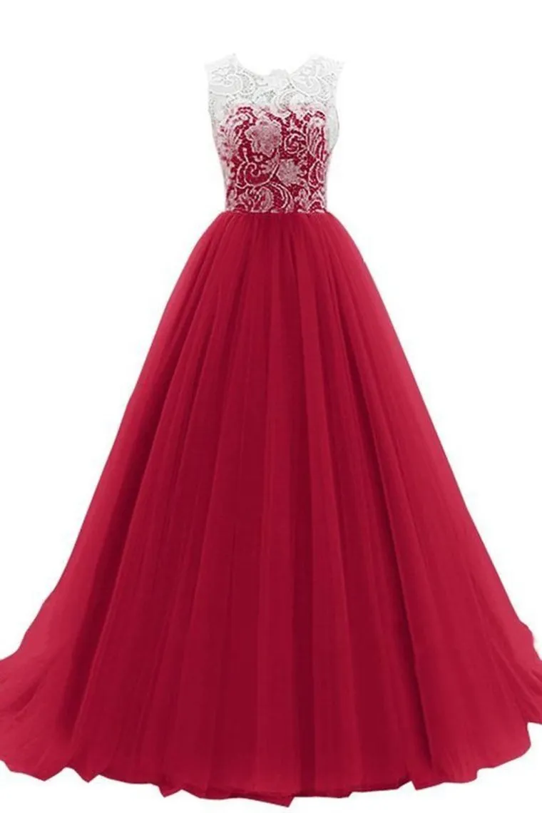 Scoop A Line Prom Dresses Tulle & Lace Floor Length