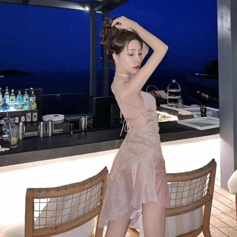 Sheath Chic Backless Spaghetti Strap  Skirt Shiny Short Dress 569