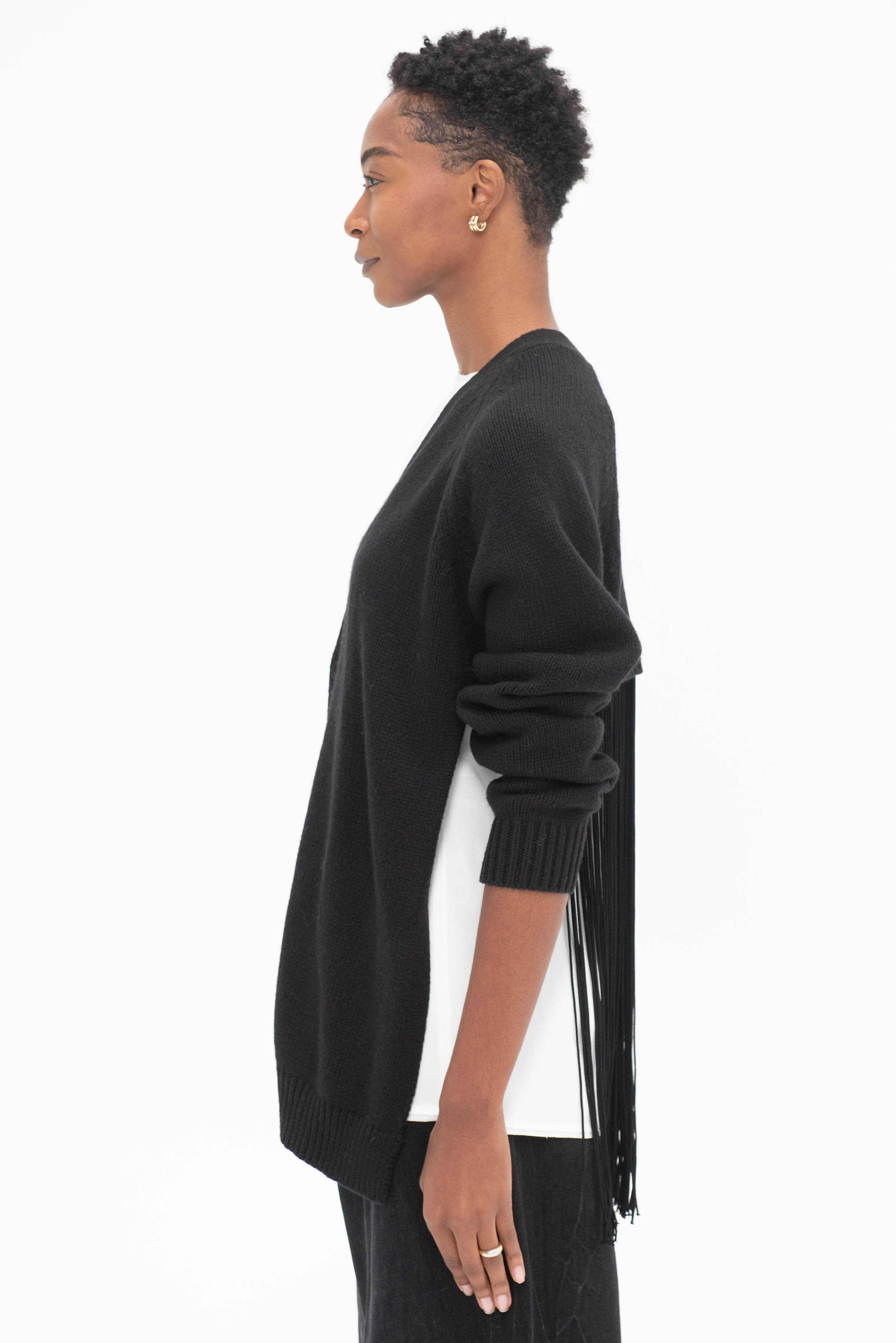 Soft Sweater Fringed Half Cardigan, Black