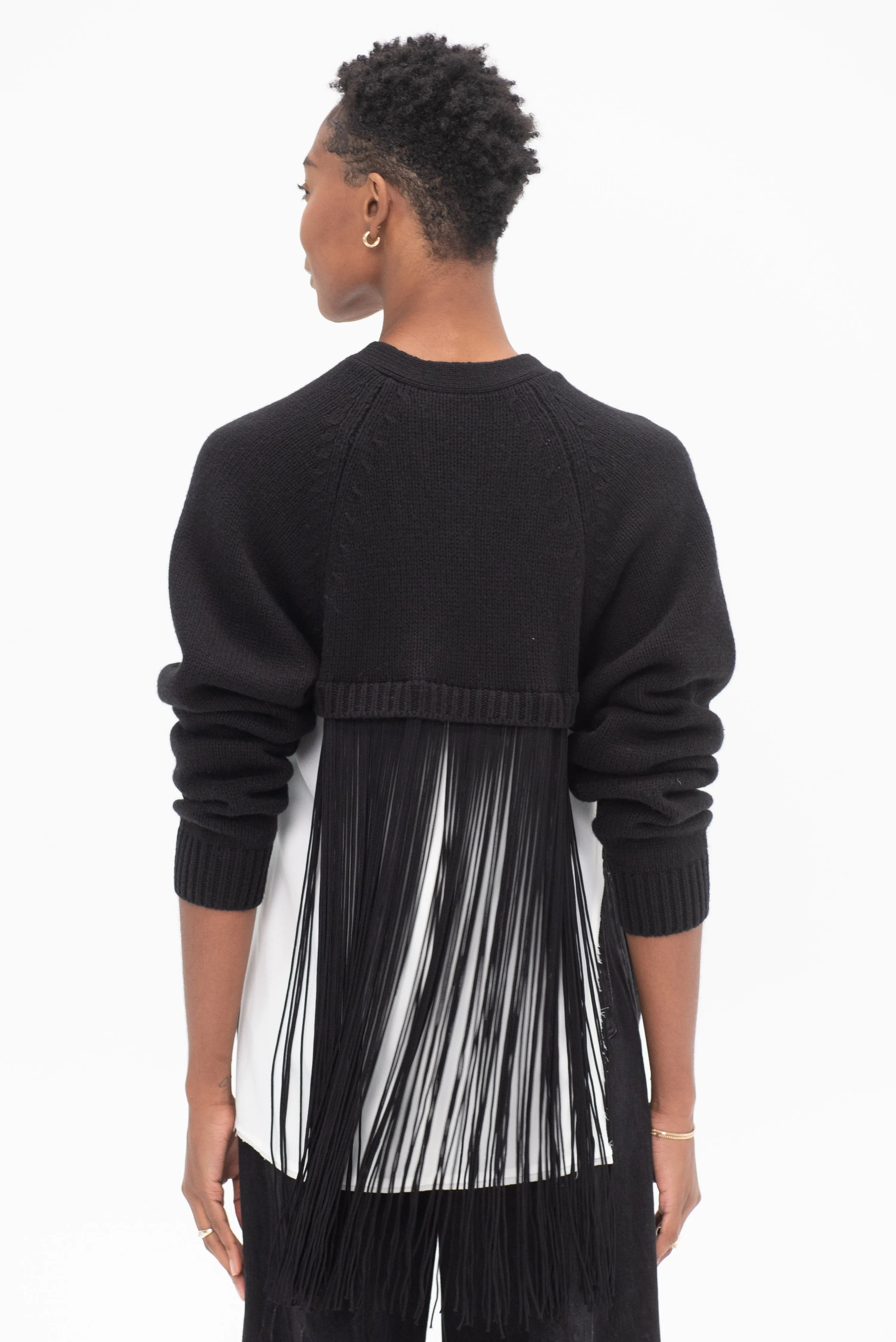 Soft Sweater Fringed Half Cardigan, Black