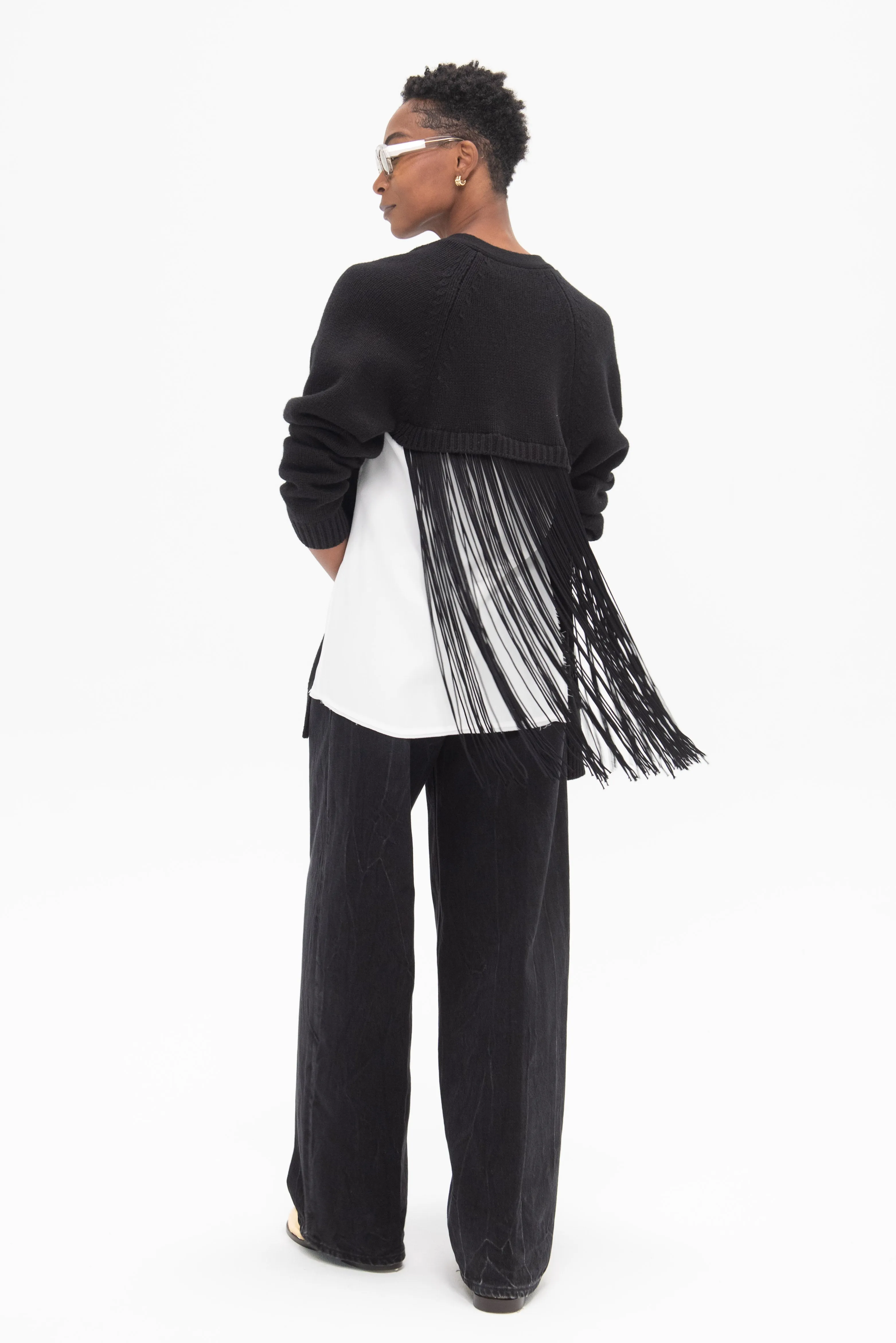 Soft Sweater Fringed Half Cardigan, Black