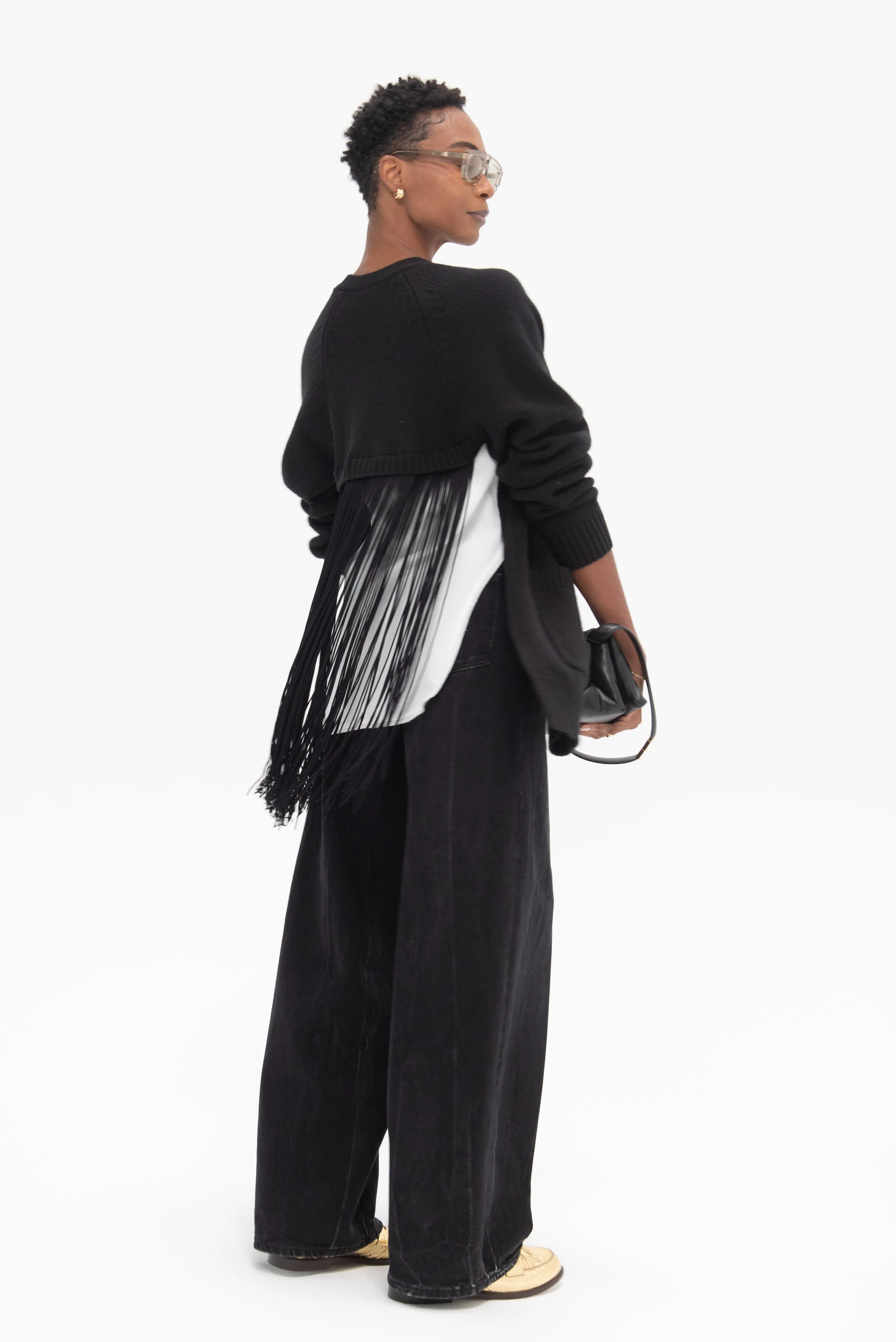 Soft Sweater Fringed Half Cardigan, Black