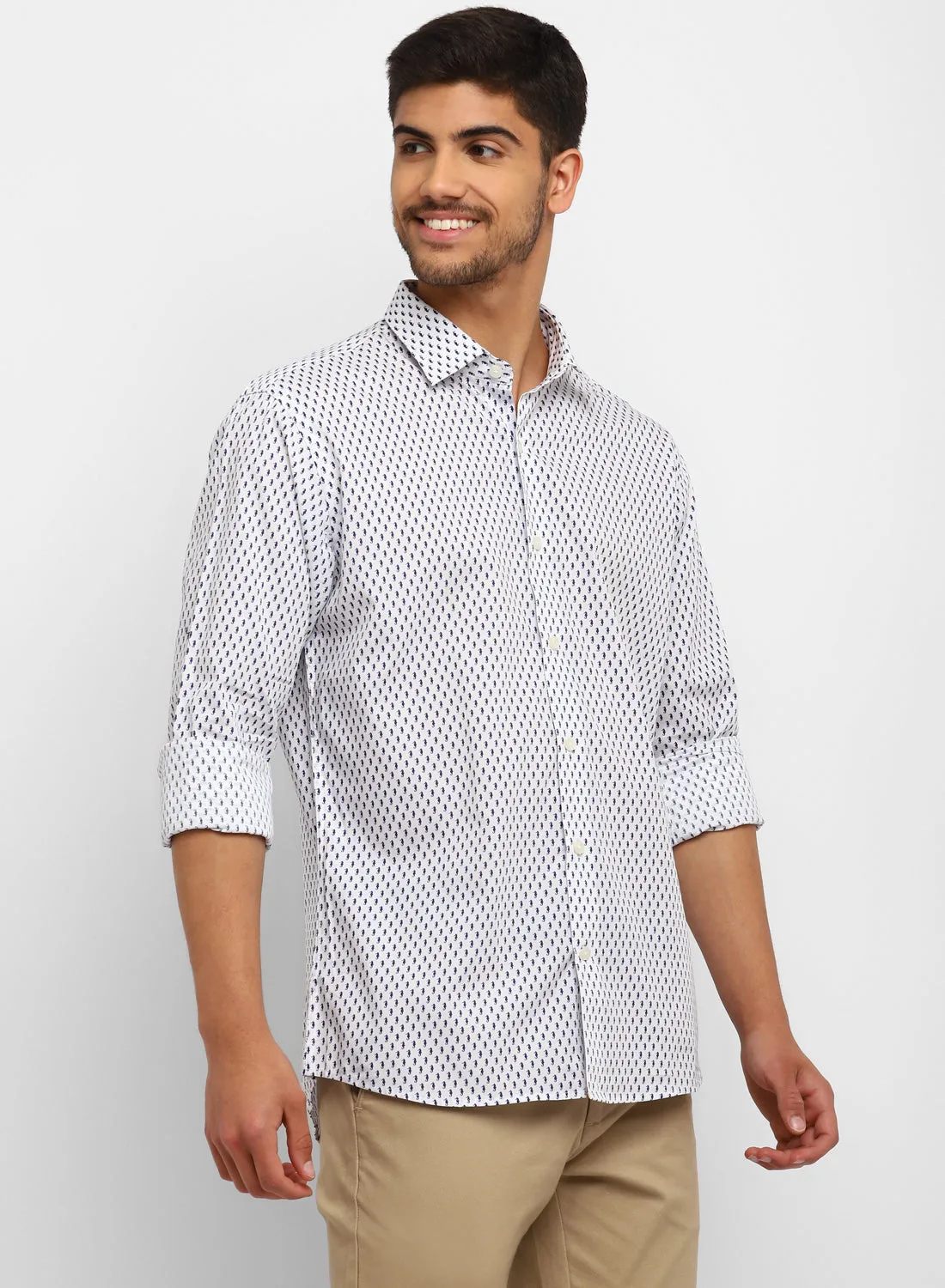 White & Navy Cotton Printed Full Sleeve Shirt