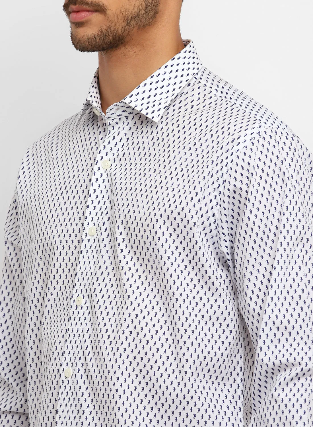 White & Navy Cotton Printed Full Sleeve Shirt