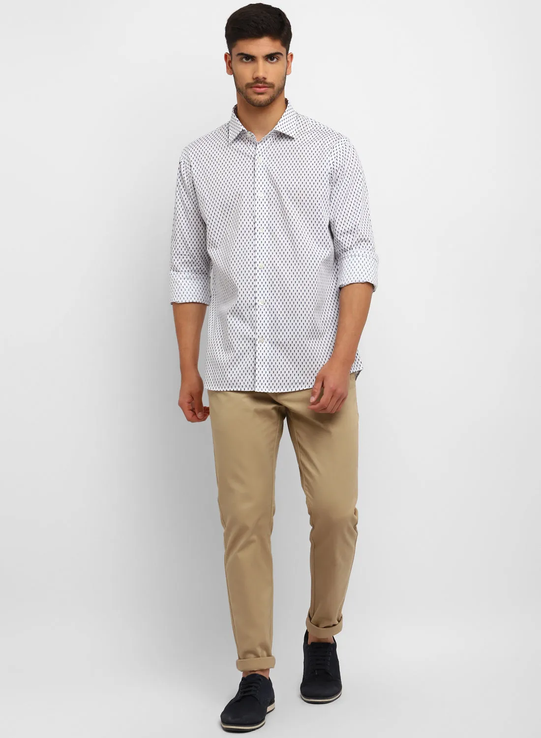 White & Navy Cotton Printed Full Sleeve Shirt