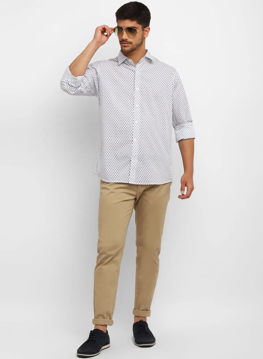 White & Navy Cotton Printed Full Sleeve Shirt